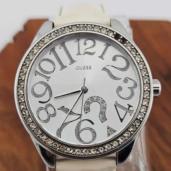 Guess Women's Crystal Halo Silver Tone Watch Whimsical Numbers Cream Band - Picture 2 of 8